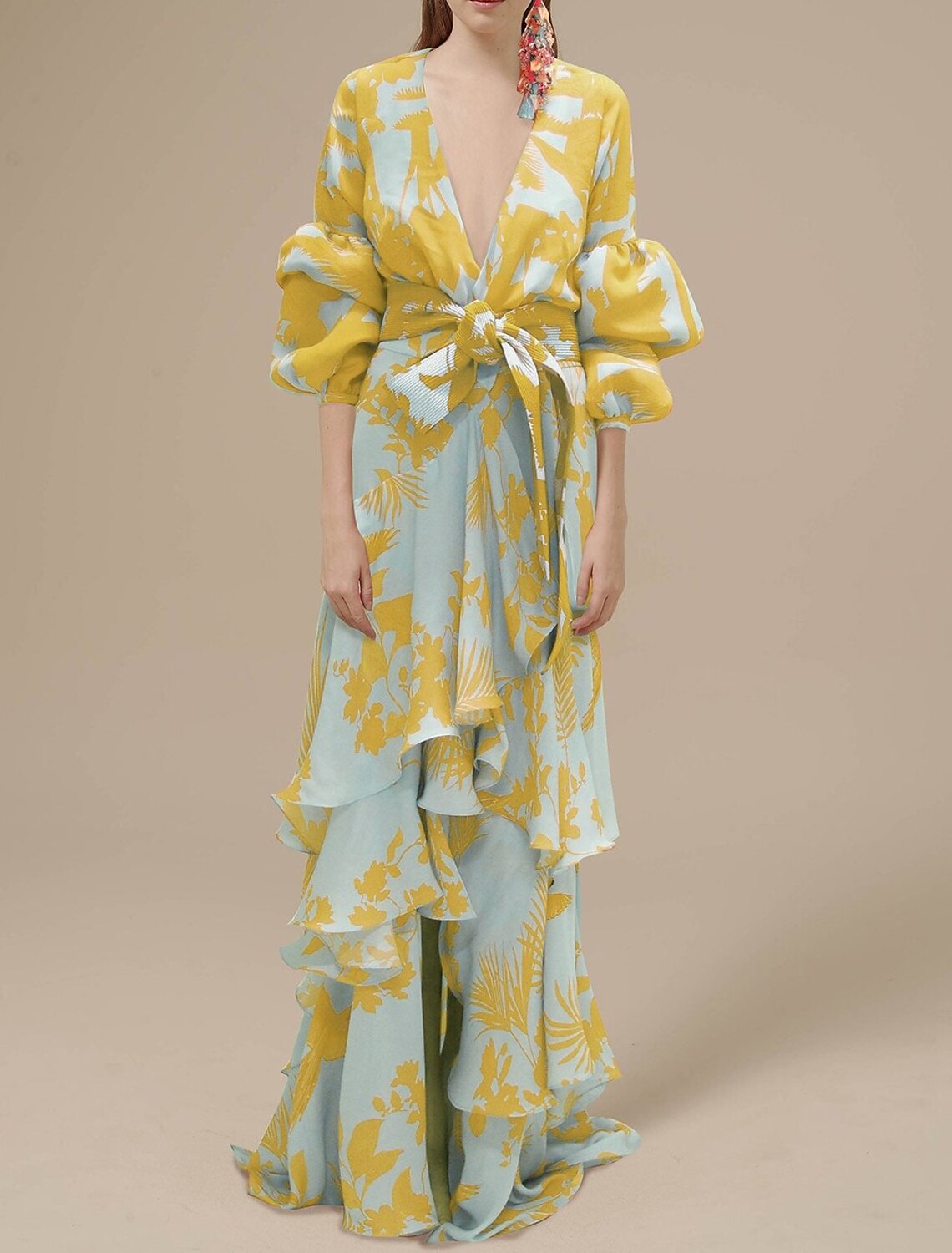 Abiti da festa a trapezio, abiti floreali, abiti da cerimonia, per invitati alle feste, lunghi fino al pavimento, maniche lunghe, scollo a V, in poliestere con stampa e spalline