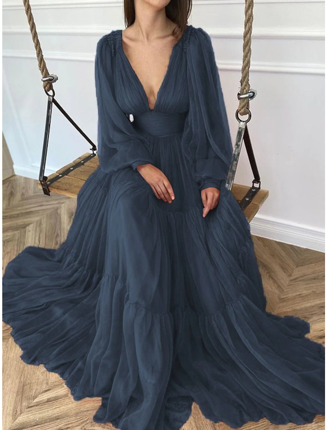 Abito da sera a trapezio, elegante, rosso e verde, formale, da ospite di nozze, lungo fino al pavimento, manica lunga, scollo a V, in chiffon con arricciature