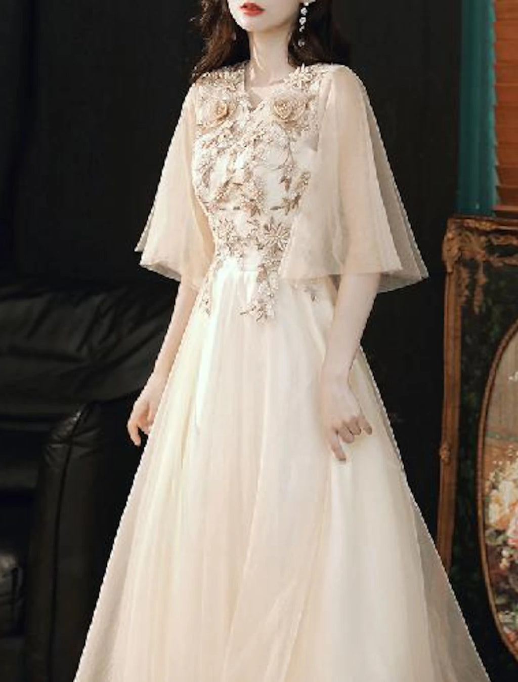 Champagne Chiffon A-Line Floor-Length Dress with V-Neck, Embroidered Bodice & Flutter Sleeves