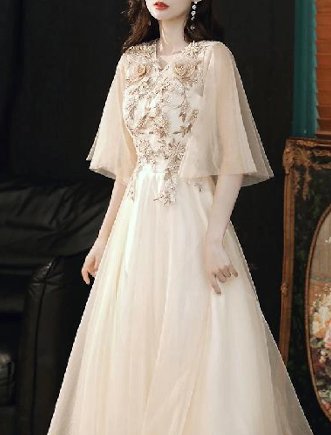 Champagne Chiffon A-Line Floor-Length Dress with V-Neck, Embroidered Bodice & Flutter Sleeves
