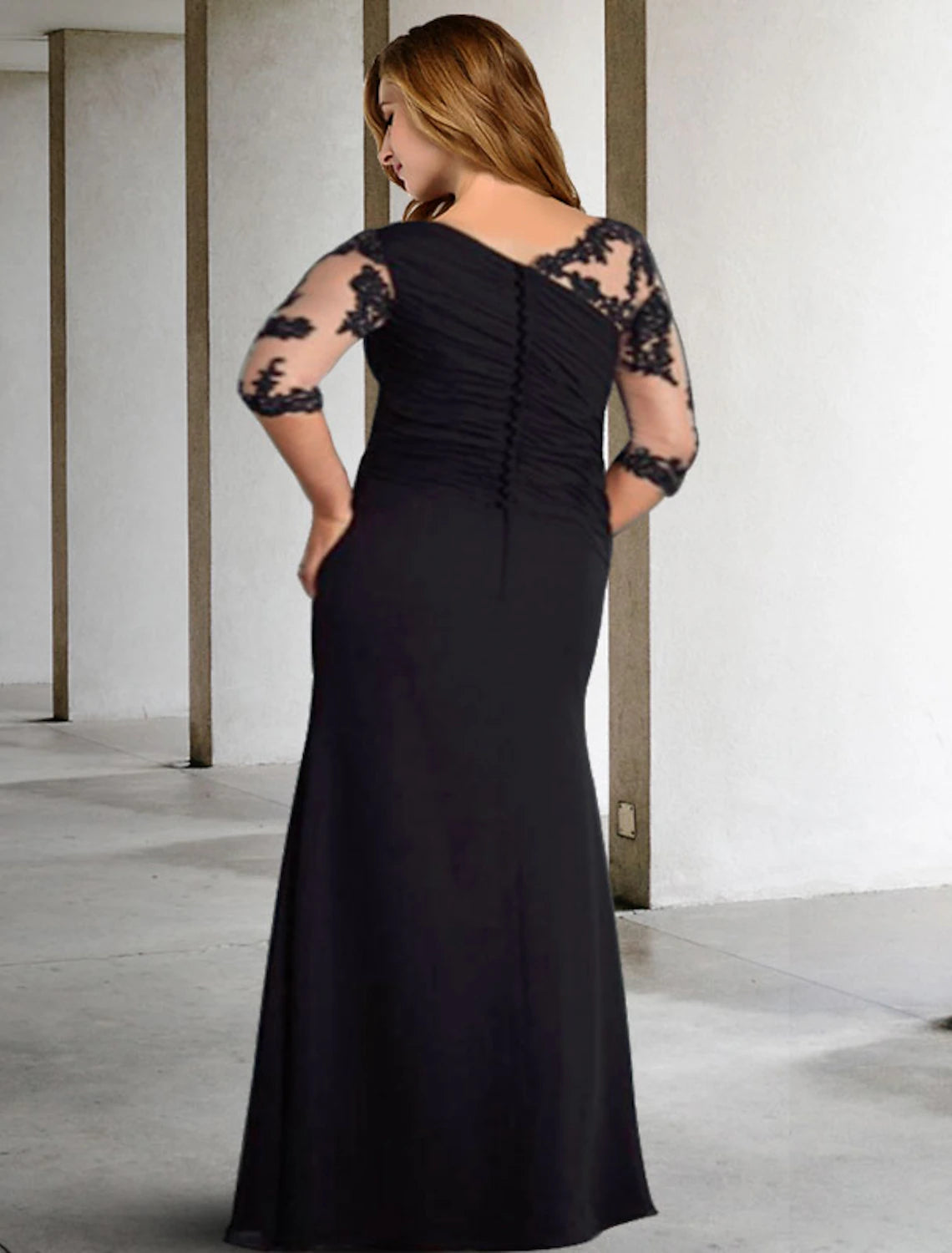 Black Chiffon A-Line Floor-Length Illusion Neck Gown with Lace Sleeves