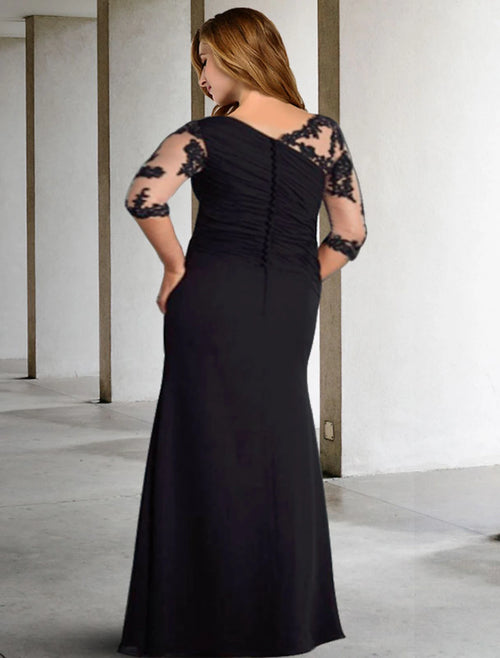 Black Chiffon A-Line Floor-Length Illusion Neck Gown with Lace Sleeves