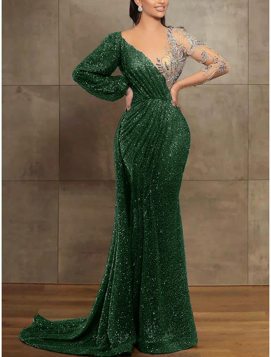 Sequin Mermaid / Trumpet Evening Gown Champagne Gold Elegant Dress Formal Christmas Red Green Dress Court Train Long Sleeve Illusion Neck Sequined with Pleats 2025