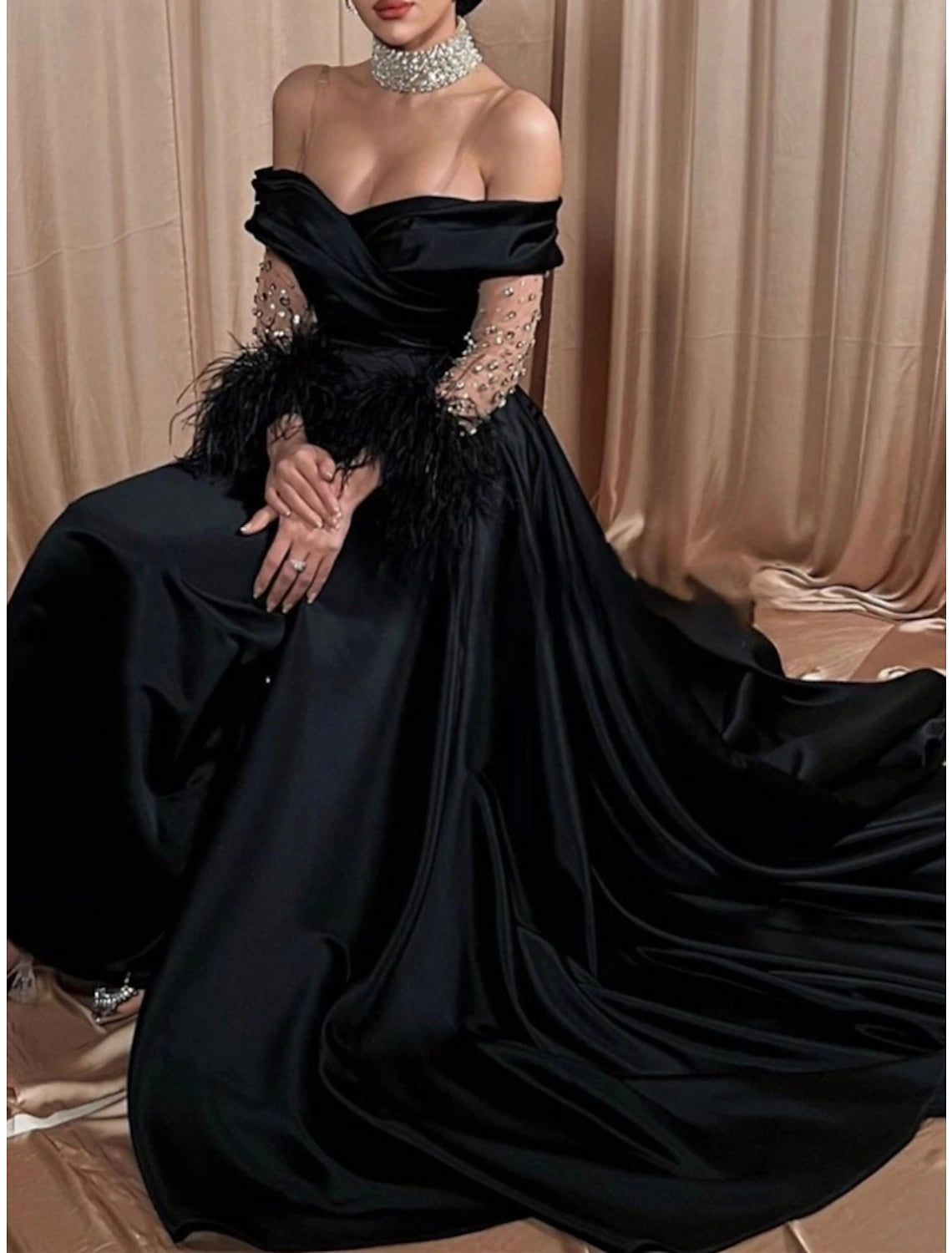 Black Satin A-Line Floor-Length Evening Dress with Off-the-Shoulder Neckline