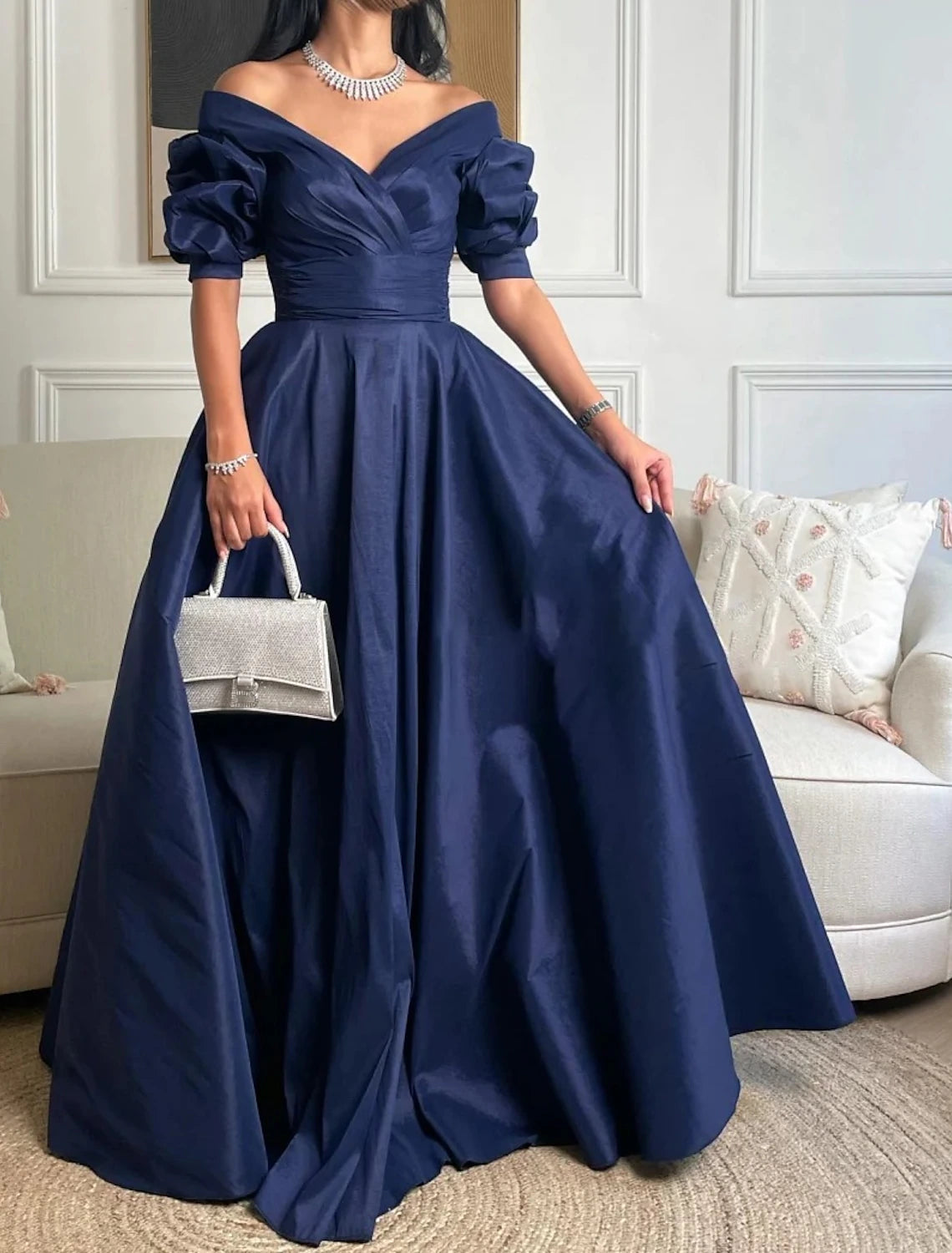 Vestido de noche elegante de corte A, vestido formal de graduación, largo hasta el suelo, manga 3/4, escote corazón, satén con fruncido