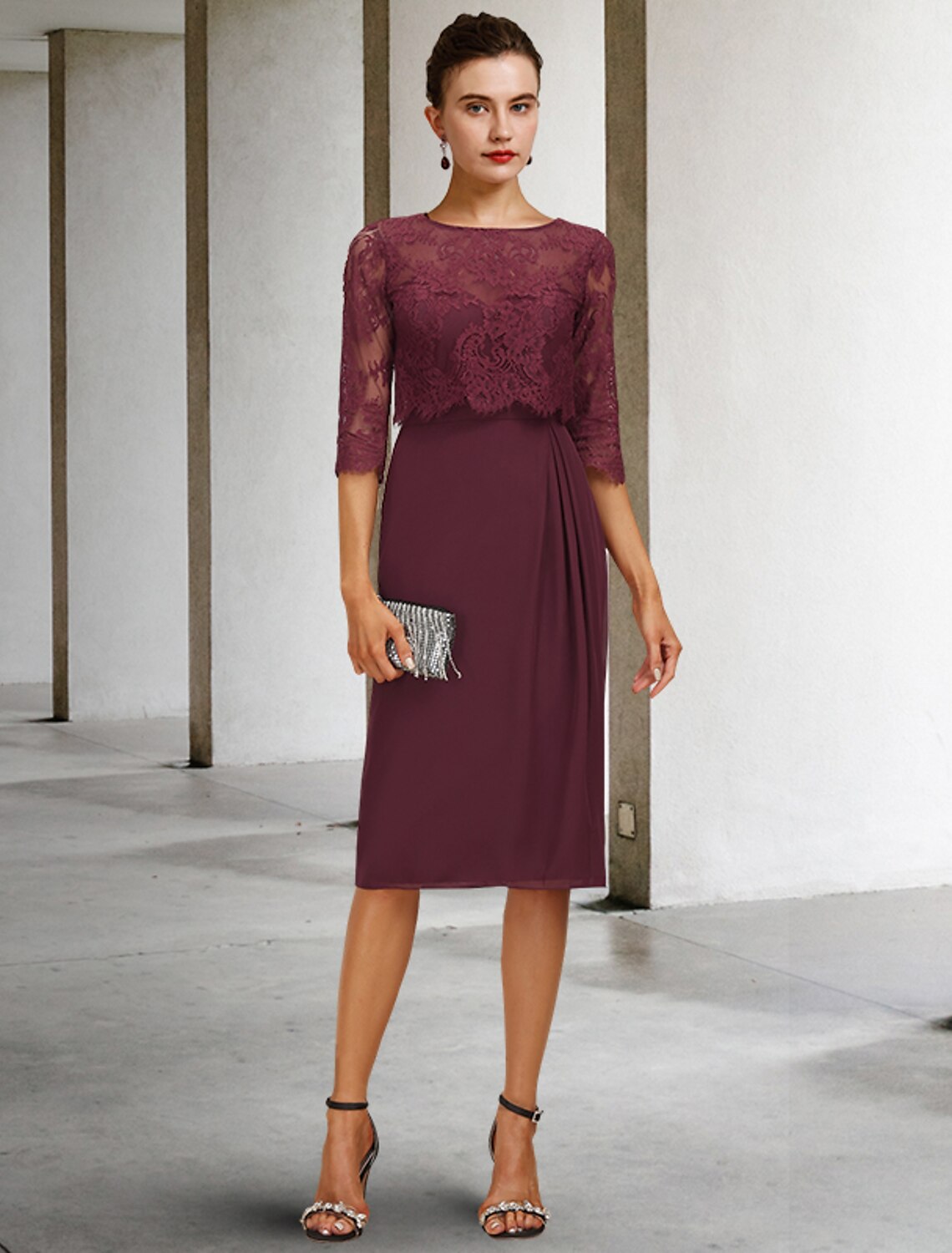 Abito da sposa a trapezio, stile vintage, elegante, con scollo gioiello, lunghezza al ginocchio, in chiffon, pizzo, mezza manica con pieghe in pizzo