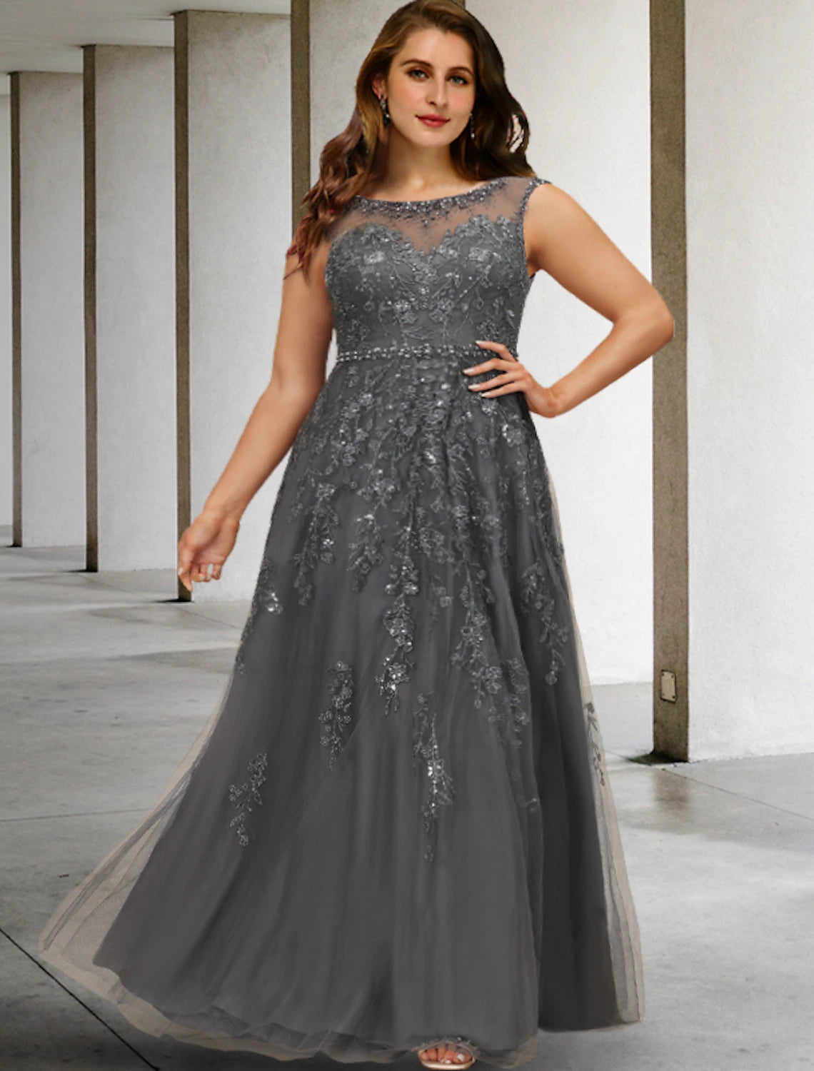 Grey Tulle A-Line Floor-Length Evening Dress with Illusion Neckline and Beaded Lace Appliques