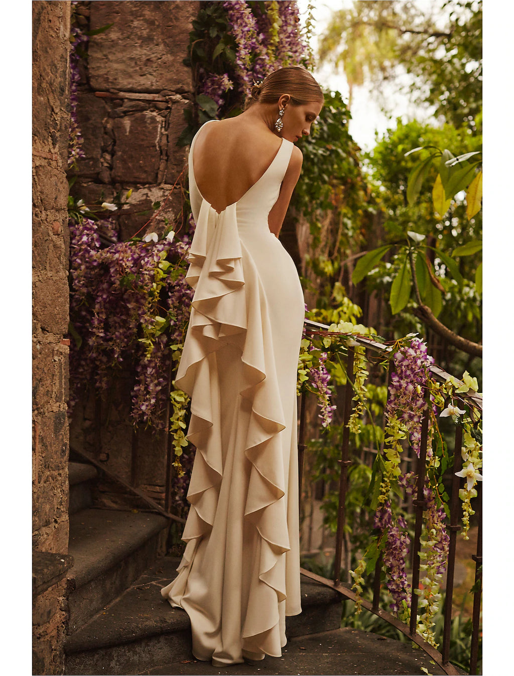 Ivory Crepe Boat Neck Bridesmaid Dress with Asymmetrical Draped Skirt
