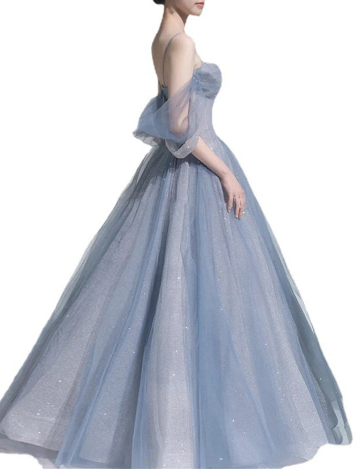 Vestido de fiesta con pedrería, para invitados de boda, graduación, largo hasta el suelo, sin mangas, hombros descubiertos, de tul con purpurina