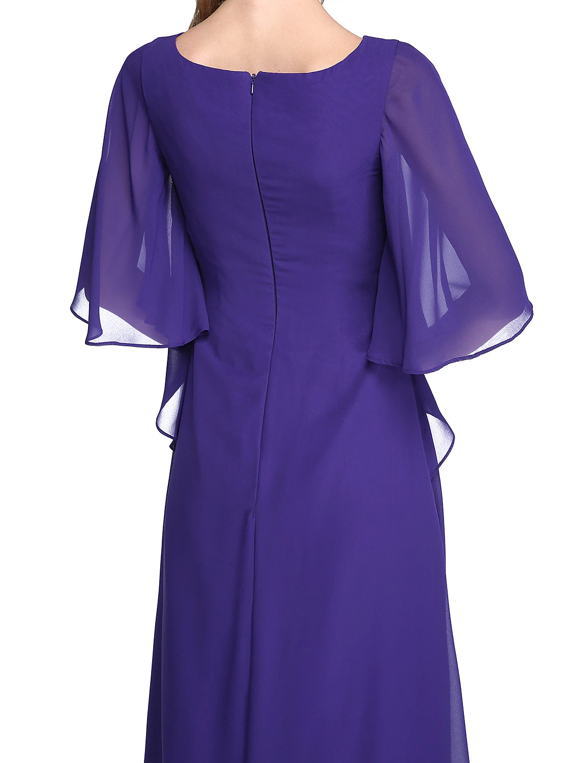 Vestido de madre de la novia con corte tubo/columna, elegante, espalda abierta, escote joya, largo hasta el suelo, gasa, media manga, pliegues, abalorios y volantes