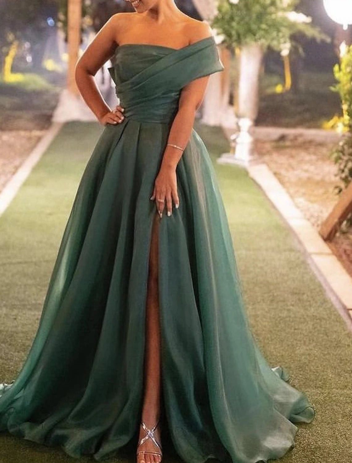 Emerald Satin A-Line Off-the-Shoulder Floor-Length Dress with Draped Bodice
