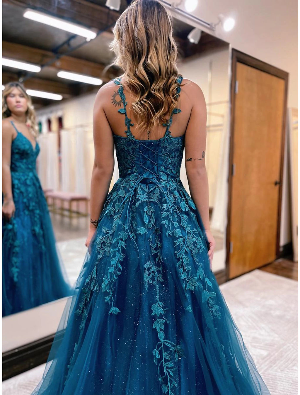 Teal Tulle A-Line V-Neck Floor-Length Gown for Prom & Evening Parties