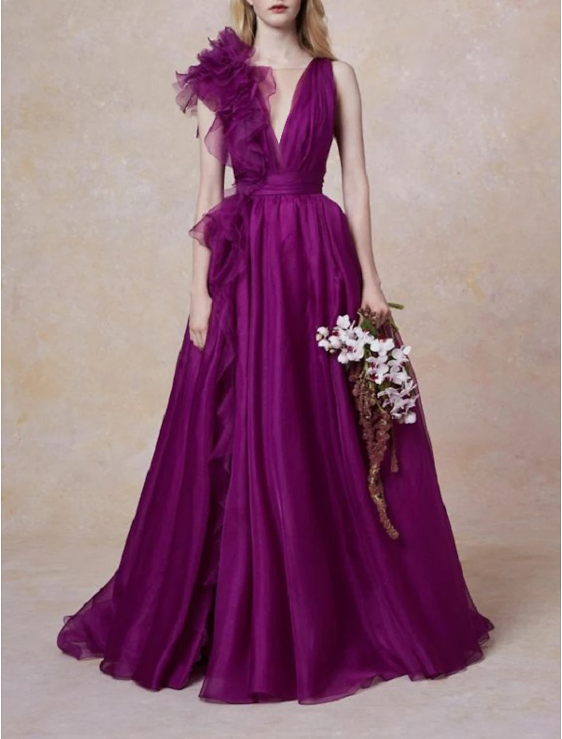 Vestido de noche estilo celebridad, corte en A, color rojo y verde, formal, para invitados de boda, largo hasta el suelo, sin mangas, escote en V, de gasa con abertura, color puro.