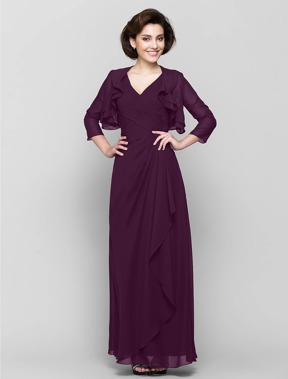 Abito da madre della sposa a tubino/colonna, abito convertibile, scollo a V, lunghezza pavimento, in chiffon, manica a 3/4 con volant a cascata incrociati