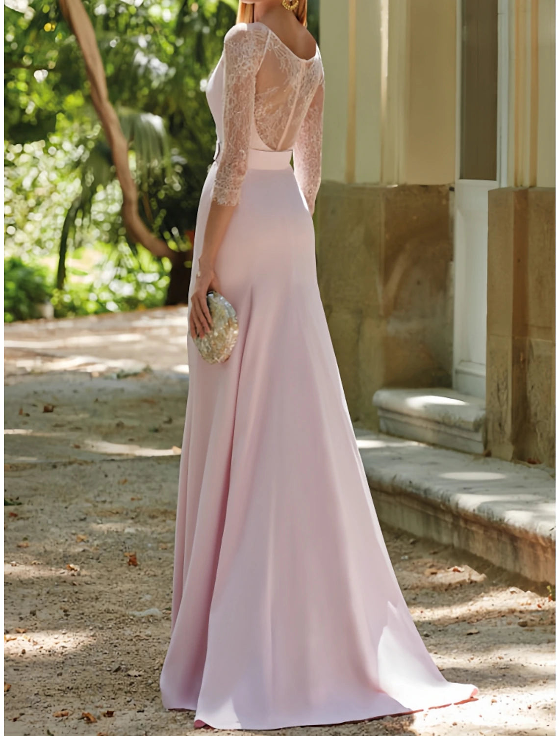 Blushing Pink Crepe Sheath Floor-Length Gown with Lace Sleeves & High Slit
