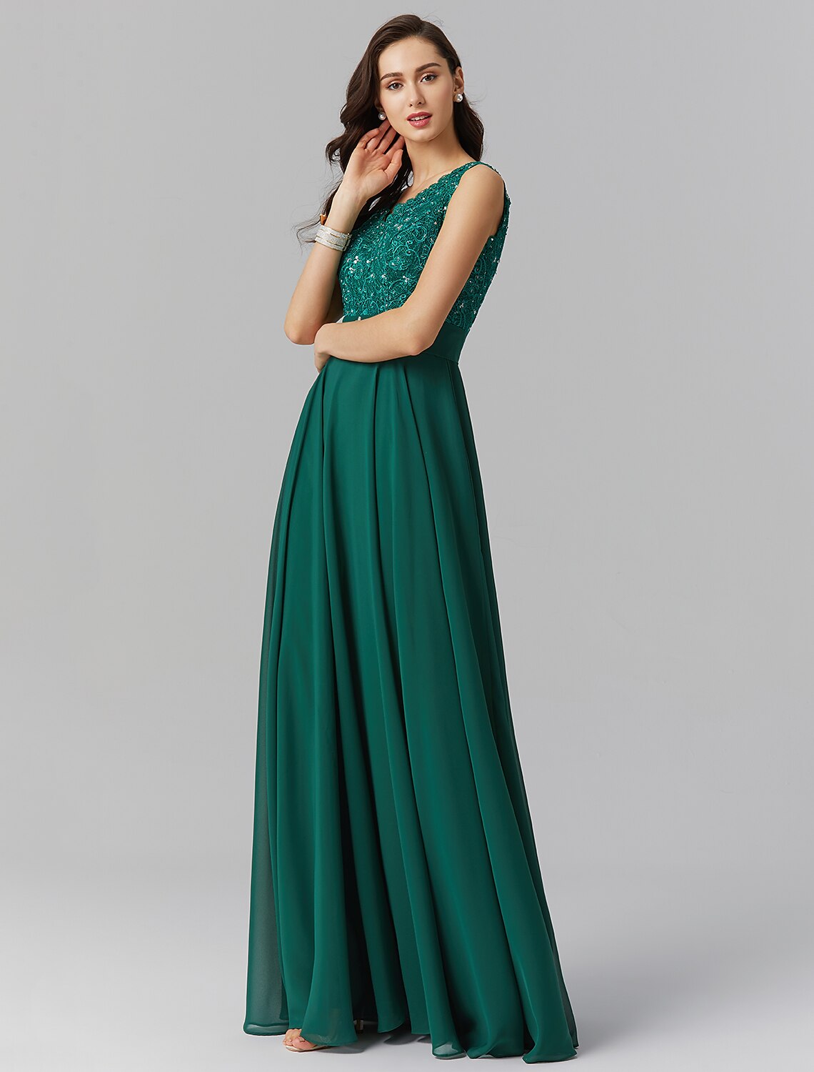 Emerald Chiffon A-Line Floor-Length Dress with Embellished Lace Bodice