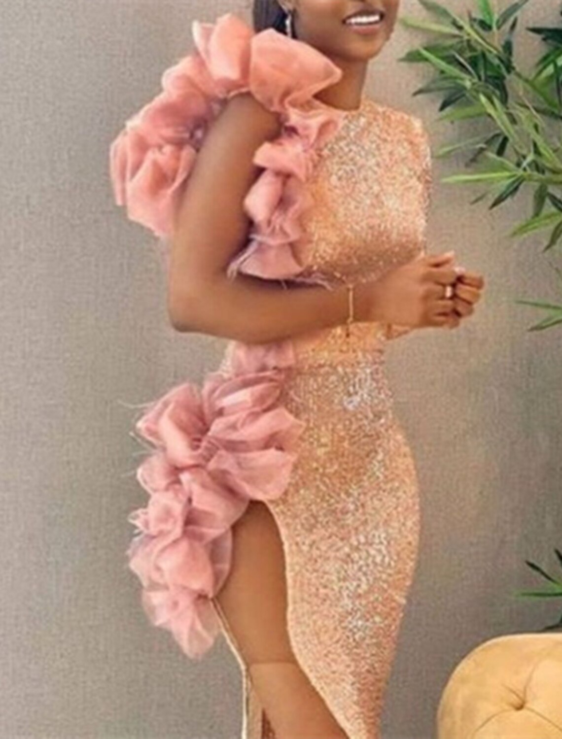 Mermaid / Trumpet Prom Dresses Sparkle Dress Formal Wedding Floor Length Long Sleeve One Shoulder Sequined with Sequin Slit