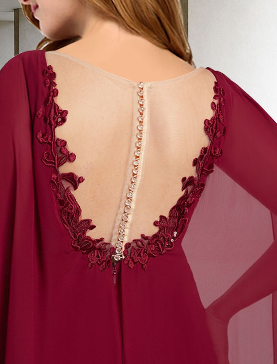 Abito da madre della sposa a trapezio, taglie forti, con pancia nascosta, elegante, scollo a V, strascico a ruota, in chiffon, pizzo, senza maniche, maniche corte, senza pieghe, applicazioni di perline