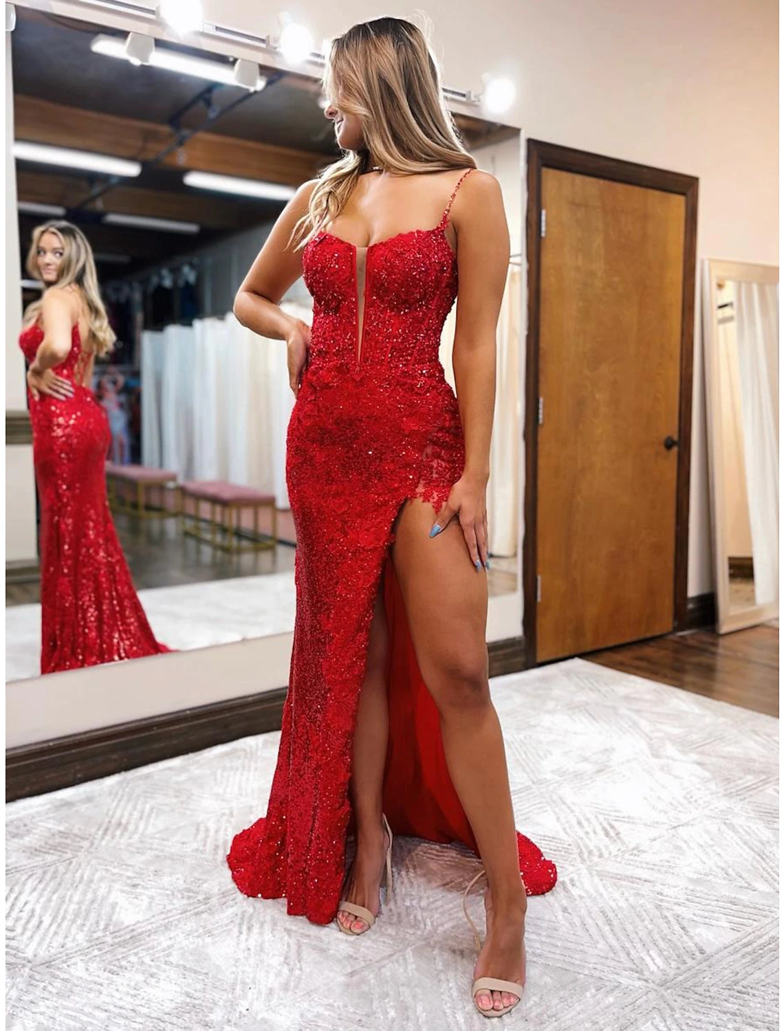 Red Sequin Mermaid V-Neck Gown with High Slit & Criss-Cross Straps