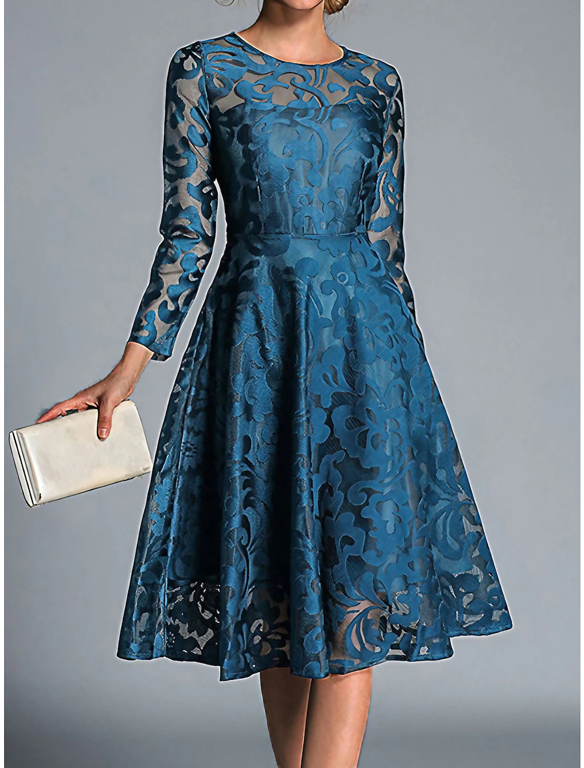 Abito da festa da donna, abito in pizzo, abito a trapezio, abito midi, rosso vino, nero e blu, manica lunga, colore puro, pizzo, inverno, autunno e primavera, scollo rotondo, elegante, abito invernale da festa, da invitata a nozze