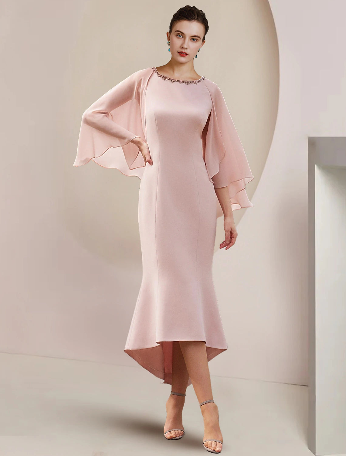 Vestido de sirena/trompeta para madre de la novia, formal, para invitados a la boda, vintage, elegante, escote redondo, asimétrico, largo hasta la rodilla, de gasa, sin mangas, con cuentas