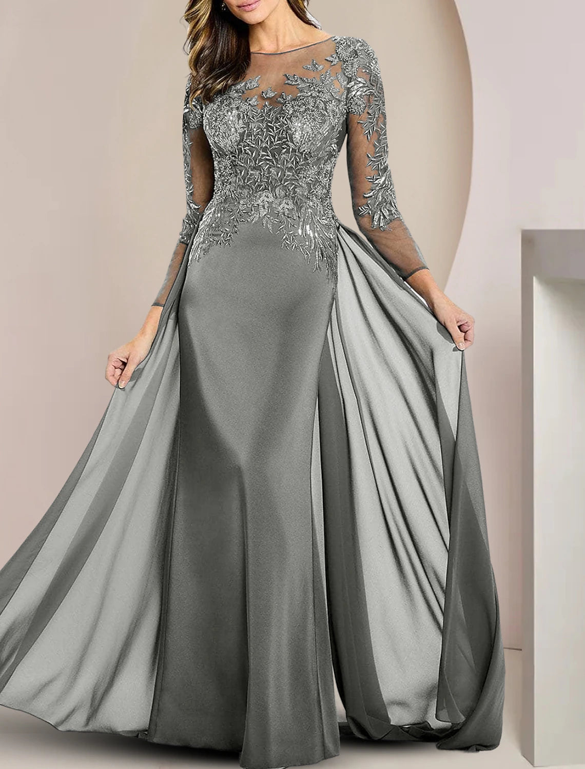 Abito da cerimonia per la madre della sposa, a tubino, elegante, con scollo a barchetta, lunghezza al pavimento, in chiffon, pizzo, maniche lunghe con applicazioni di perline