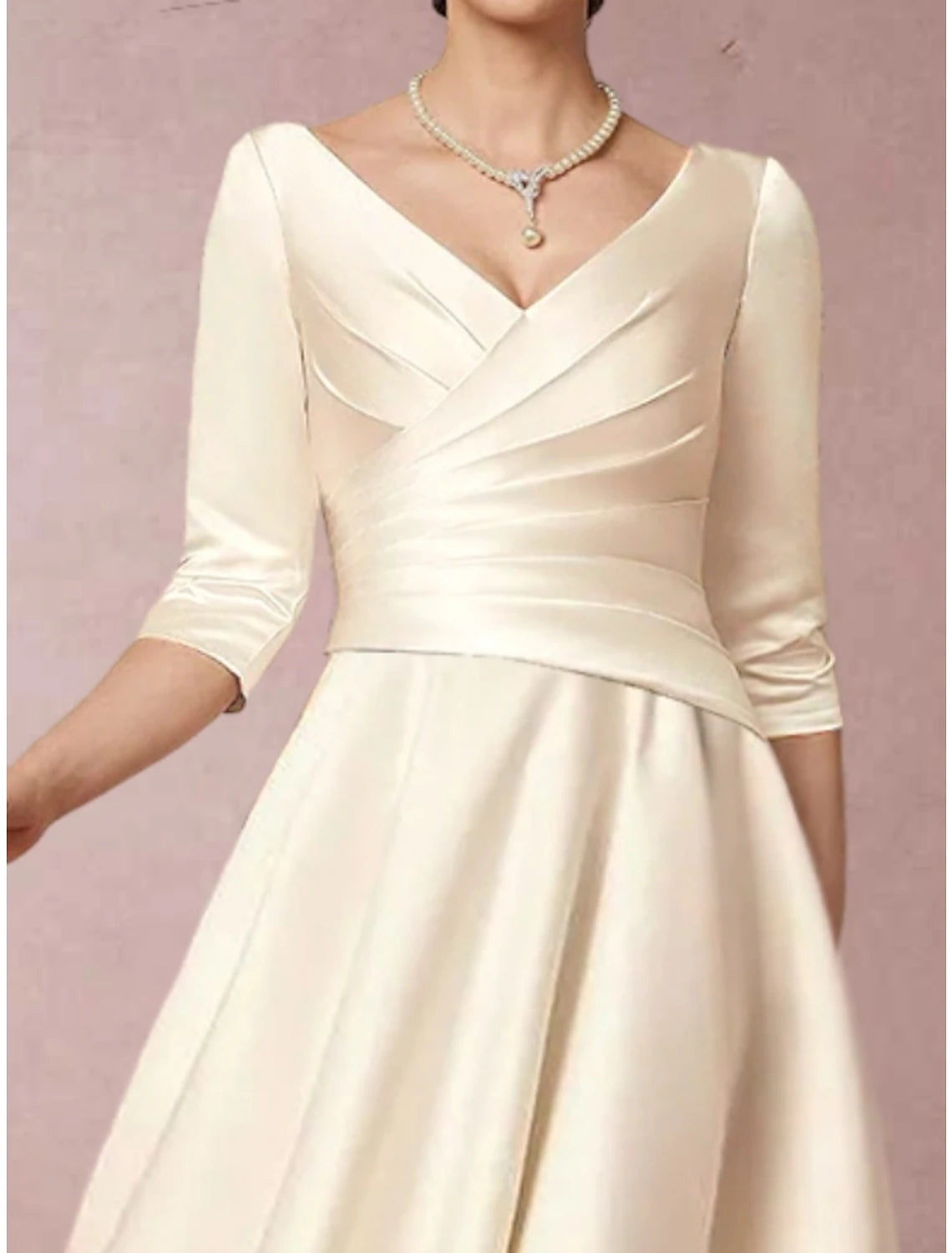 Abito da sposa a trapezio, elegante, semplice, con scollo a V, lunghezza tè, in raso, mezza manica, con pieghe e arricciature