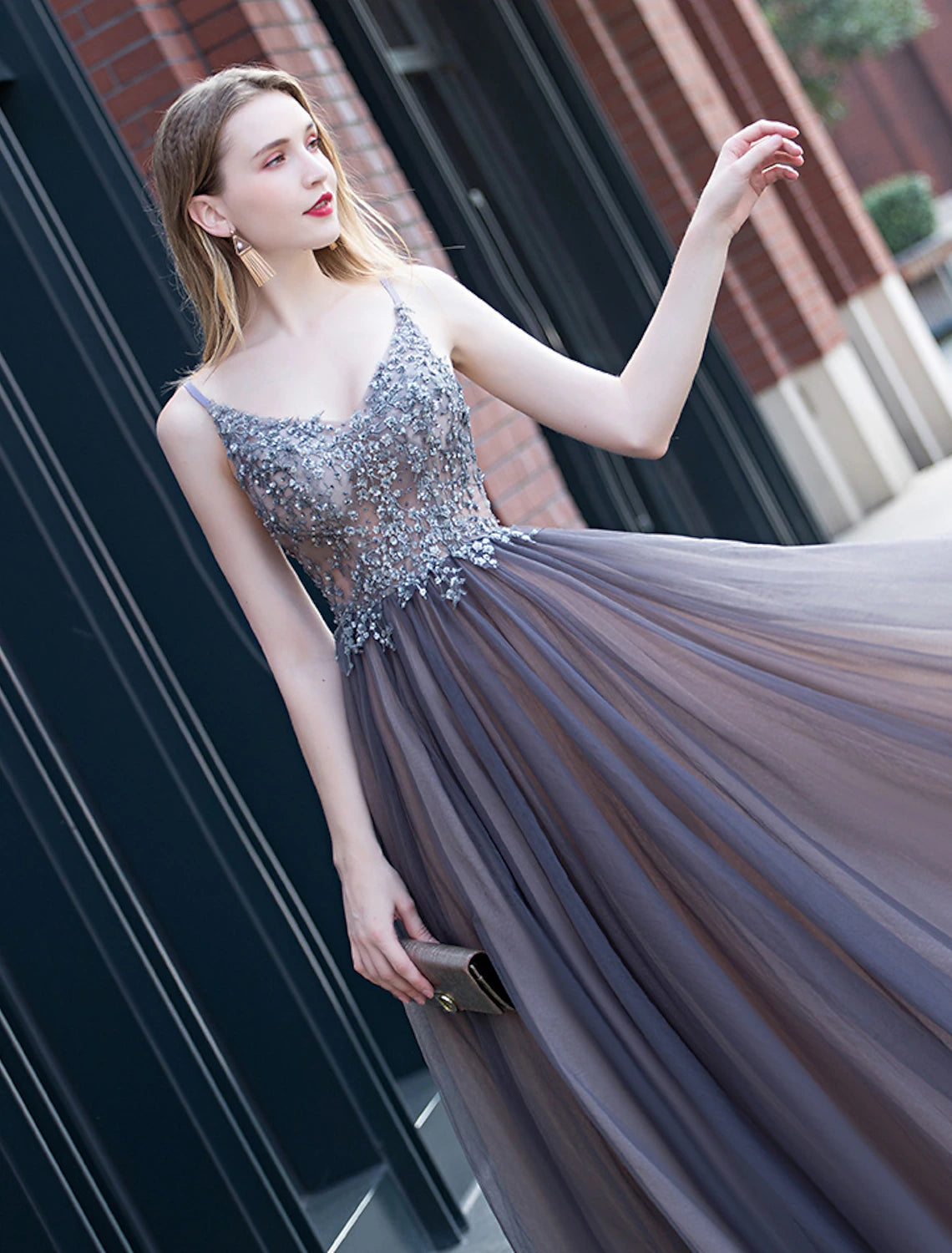 Grey Tulle A-Line V-Neck Embellished Floor-Length Evening Dress