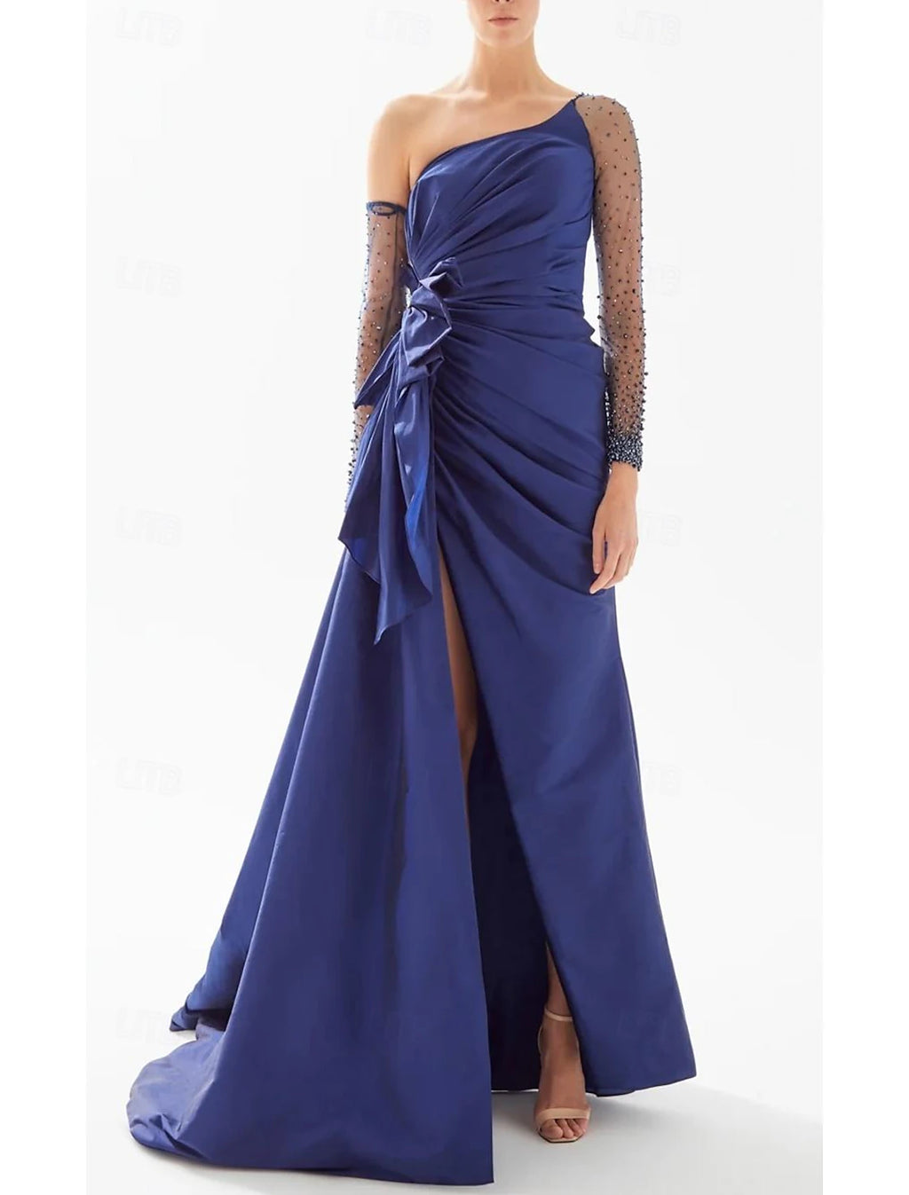 Vestido de noche negro de corte A, vestido formal hasta el suelo, manga larga, un hombro, satén con lazo(s) y abalorios.