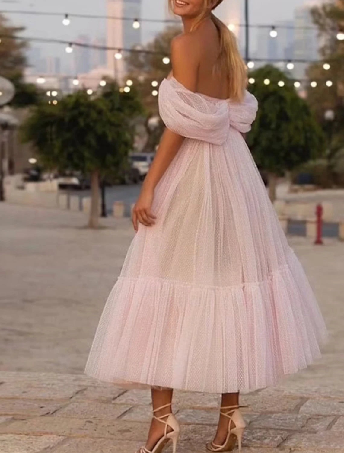 Abiti da ballo a trapezio, abiti da principessa, abiti da ospite per matrimoni, abiti da ballo per la casa, lunghezza alla caviglia, maniche corte, senza spalline, abito rosa in tulle con arricciature