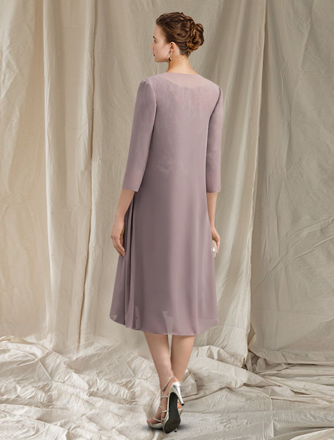 Vestido de dos piezas para madre de la novia, elegante, estilo iglesia, con escote joya, largo hasta la rodilla, de gasa, con encaje, media manga y apliques