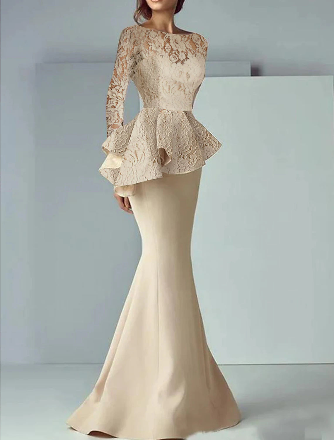 Mermaid / Trumpet Mother of the Bride Dress Formal Wedding Guest Elegant Scoop Neck Floor Length Lace  Fabric Long Sleeve with Ruffles