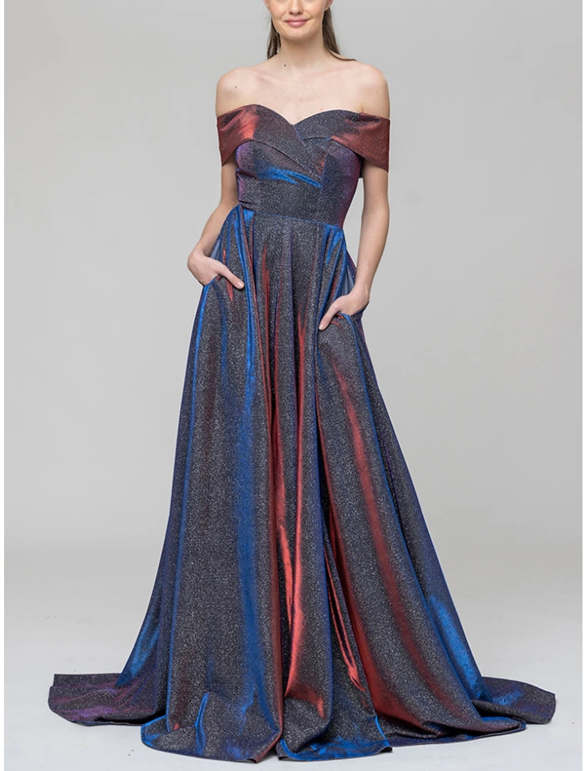 A-Line Evening Gown Sparkle & Shine Dress Formal Court Train Short Sleeve Off Shoulder Sequined with Glitter Pleats 2025