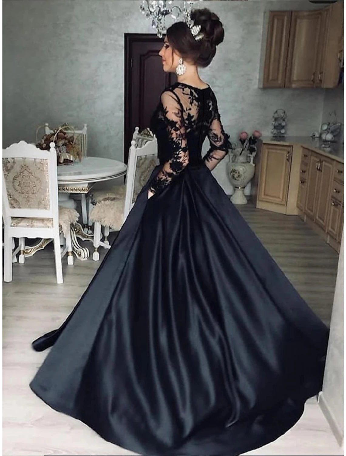 Vestido de noche, vestido de princesa, fiesta de graduación, boda, largo hasta el suelo, manga larga, cuello joya, miércoles, familia Addams, satén con apliques
