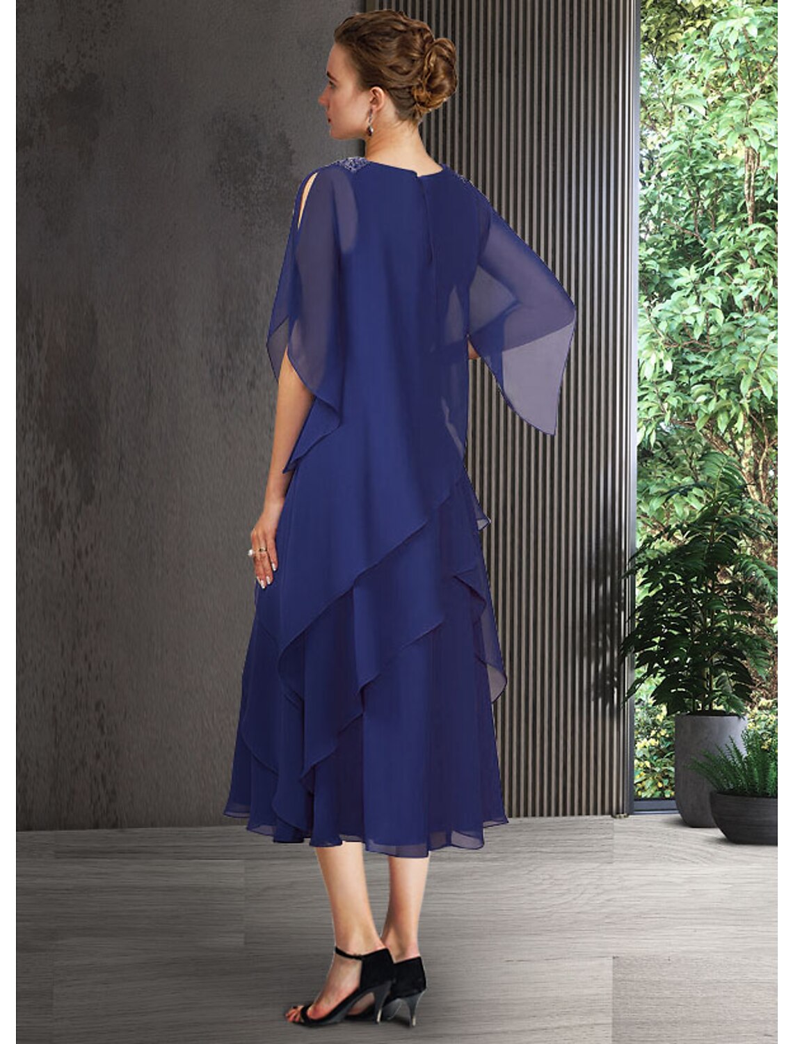 A-Line Mother of the Bride Dress Elegant Jewel Neck Tea Length Chiffon Half Sleeve with Cascading Ruffles