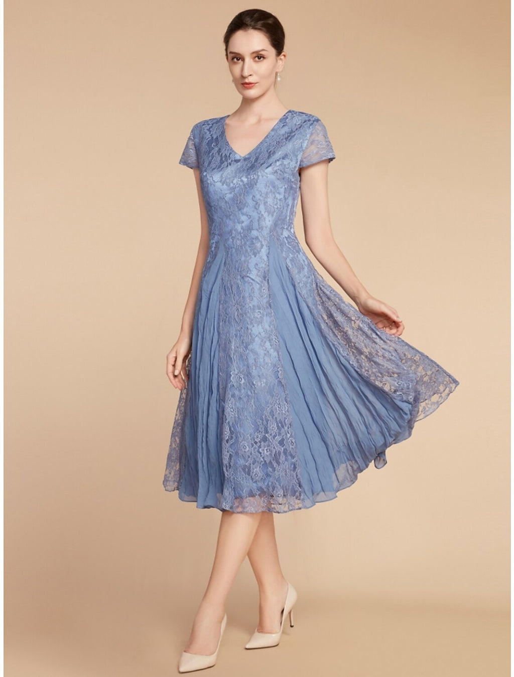 Blue Lace V-Neck A-Line Tea-Length Evening Dress