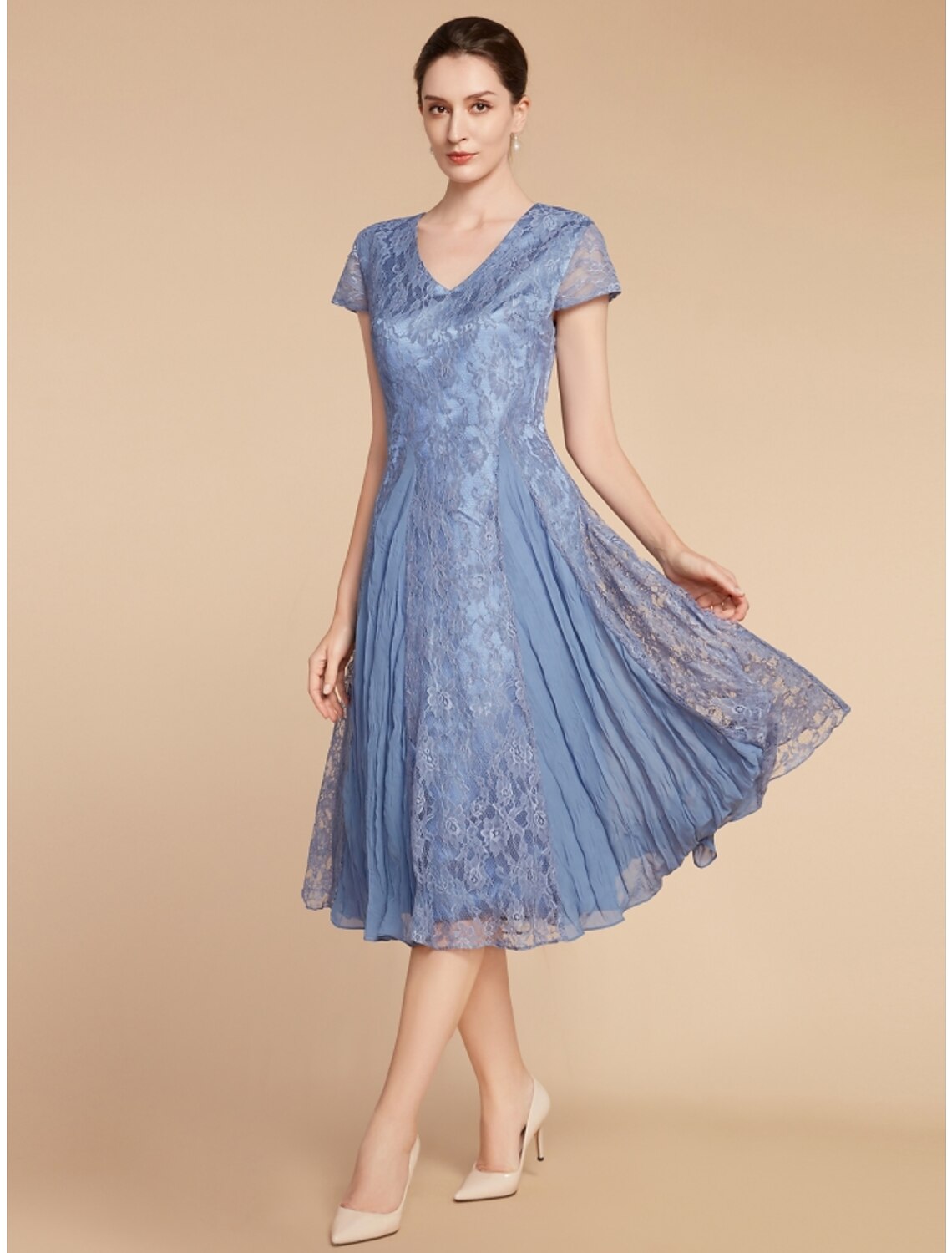 Blue Lace V-Neck A-Line Tea-Length Evening Dress