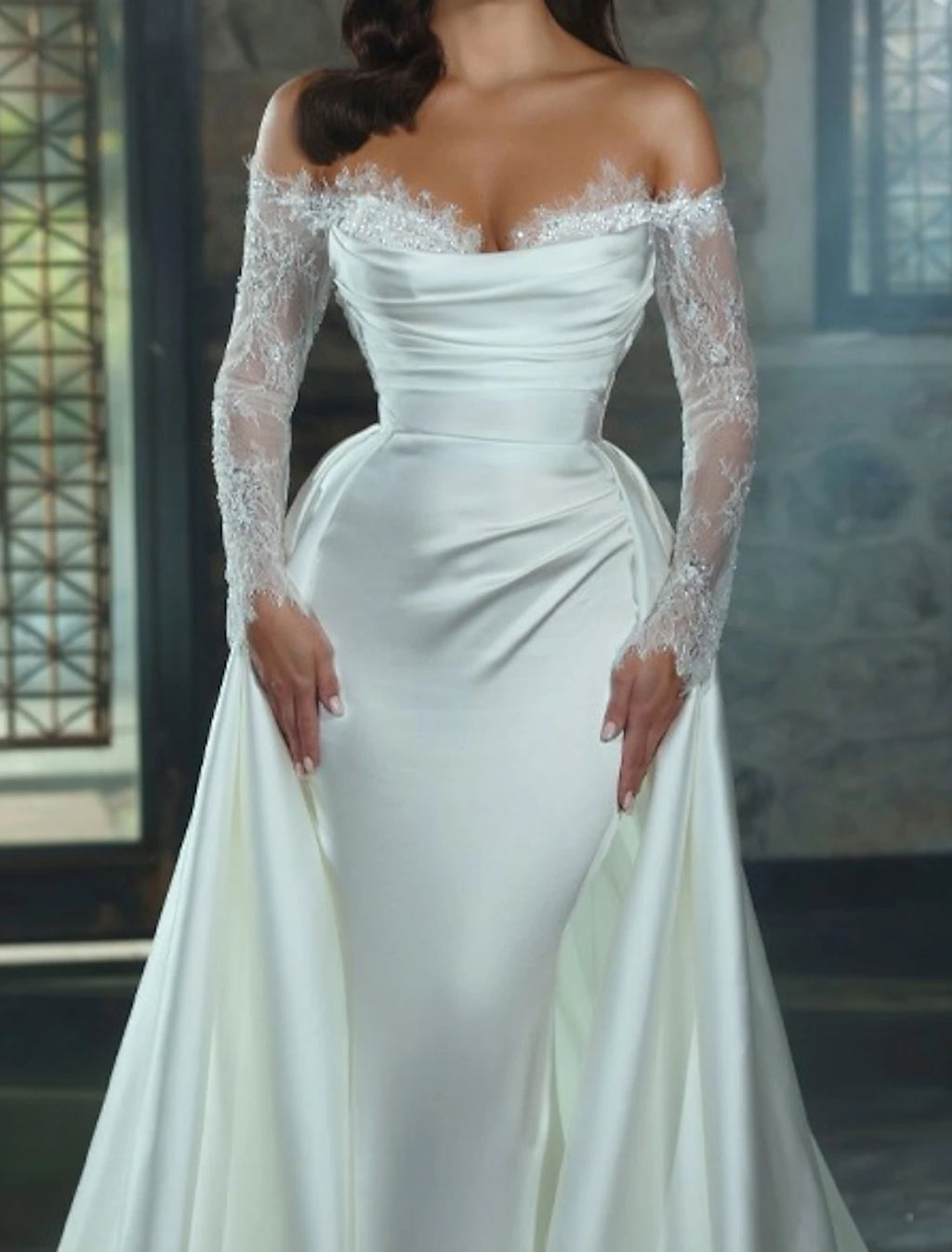 Ivory Satin Off-the-Shoulder A-Line Floor-Length Evening Dress