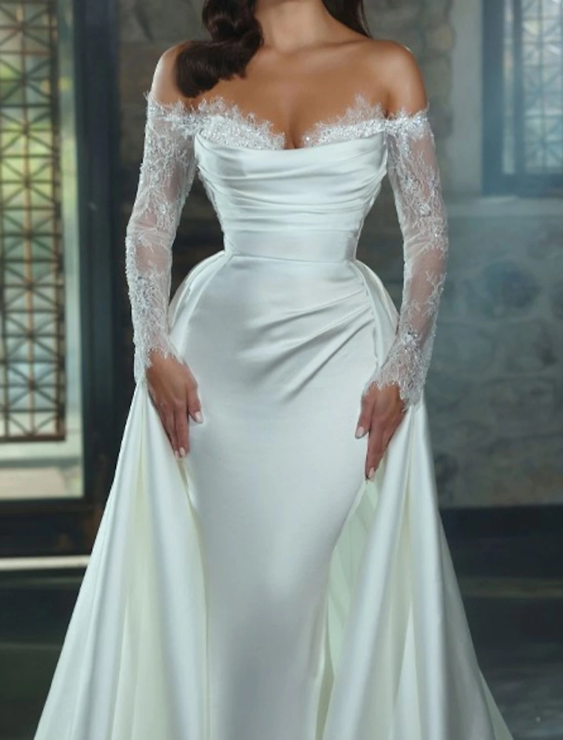 Ivory Satin Off-the-Shoulder A-Line Floor-Length Evening Dress
