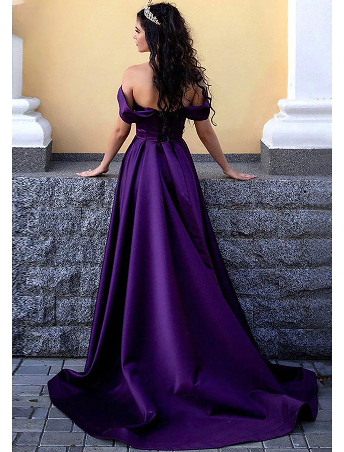 Purple Satin Off-the-Shoulder A-Line Floor-Length Evening Dress with High Slit