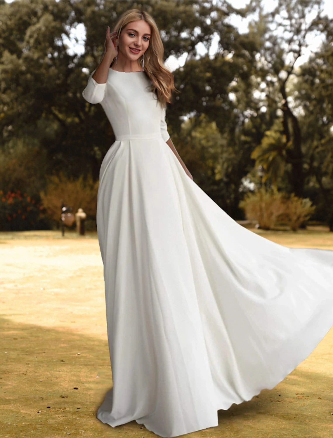 Ivory Satin A-Line Floor-Length Bridesmaid Dress with 3/4 Sleeves