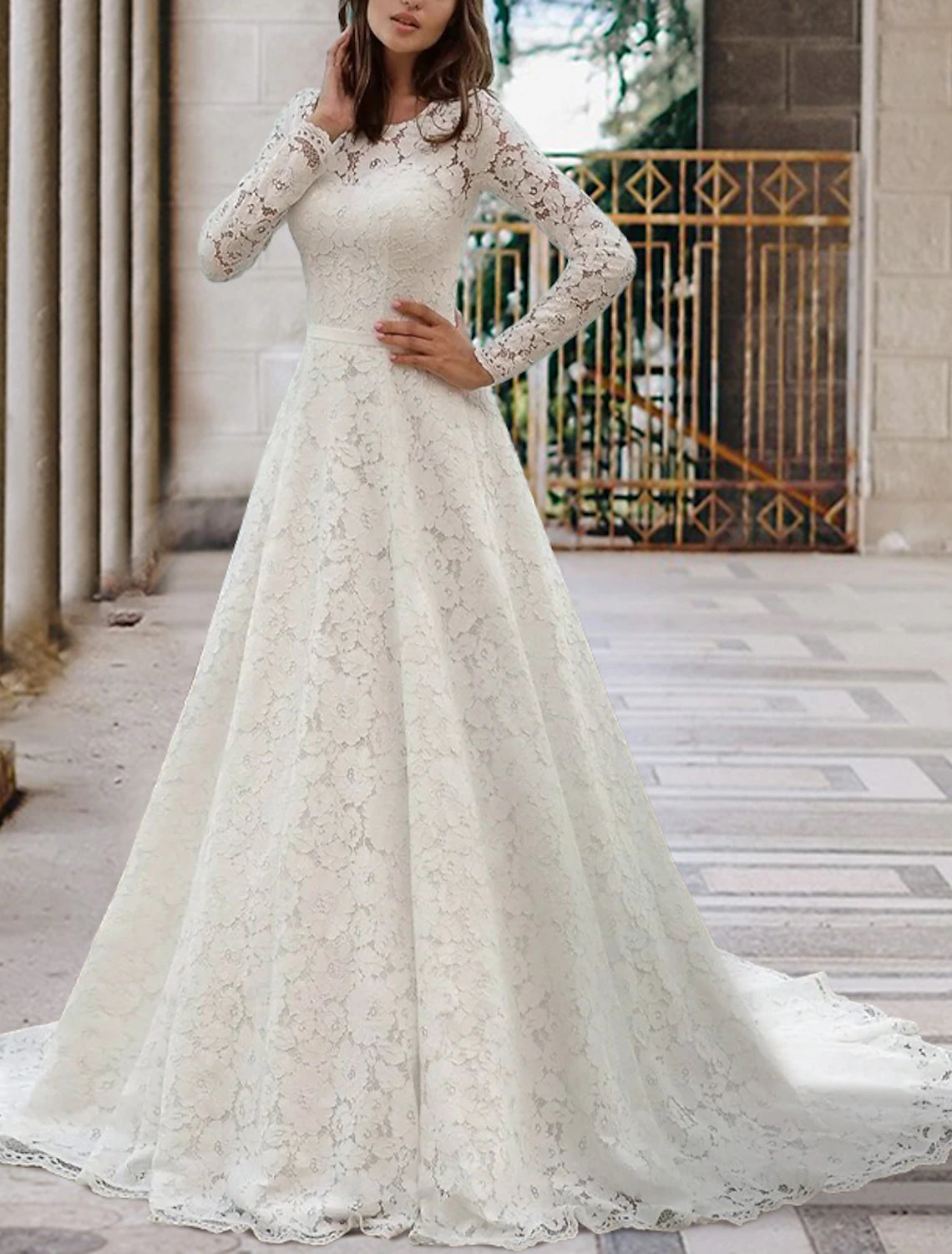 Vestidos de novia formales de otoño para compromiso, corte A, cuello ilusión, manga larga, cola de corte, vestidos de novia de encaje con fajas/cintas, pliegues, fiesta de bodas de verano