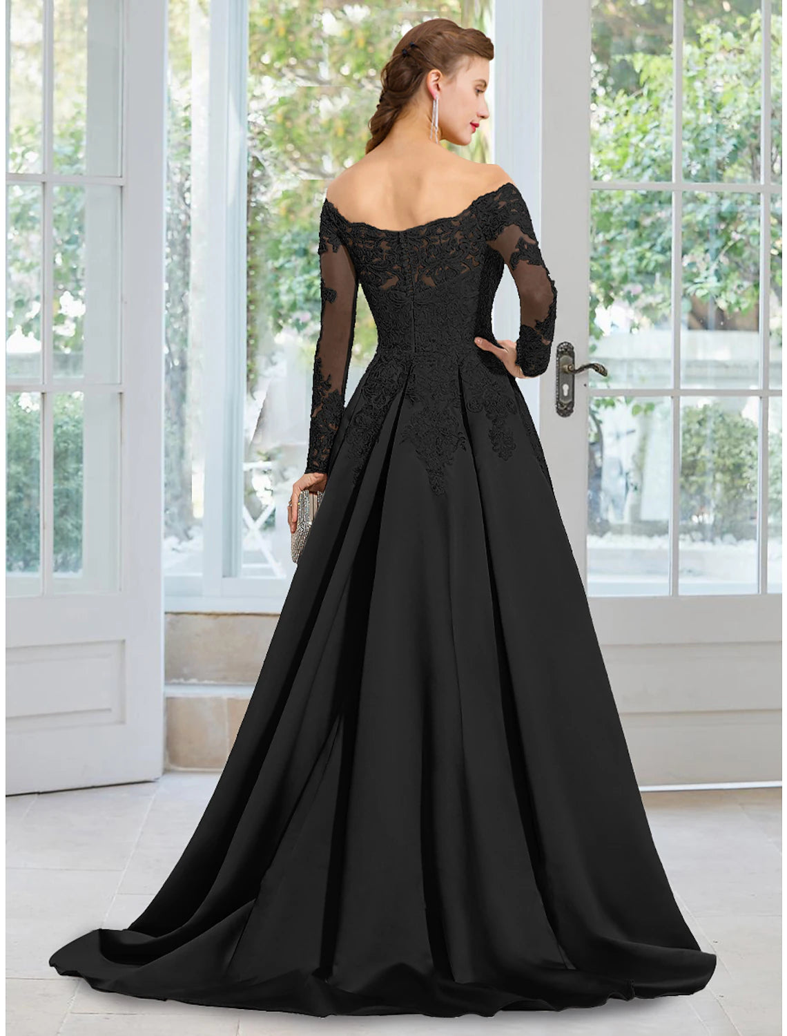 Black Lace Off-the-Shoulder A-Line Floor-Length Prom & Evening Gown