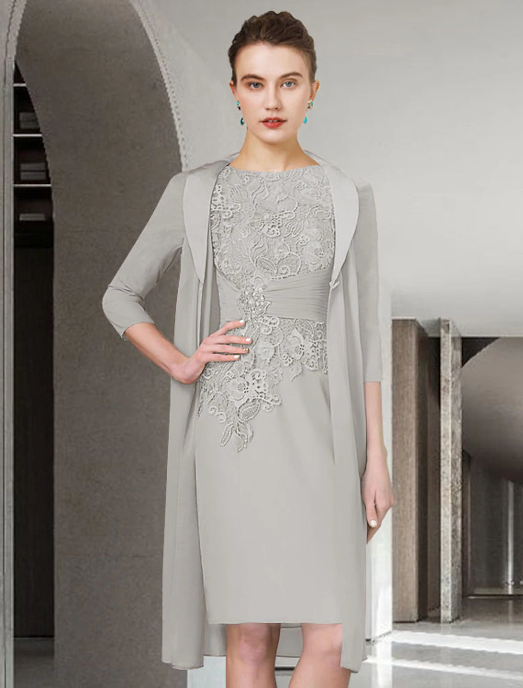 Dusty Rose Lace & Chiffon Sheath/column Knee-Length Scoop Neck Dress