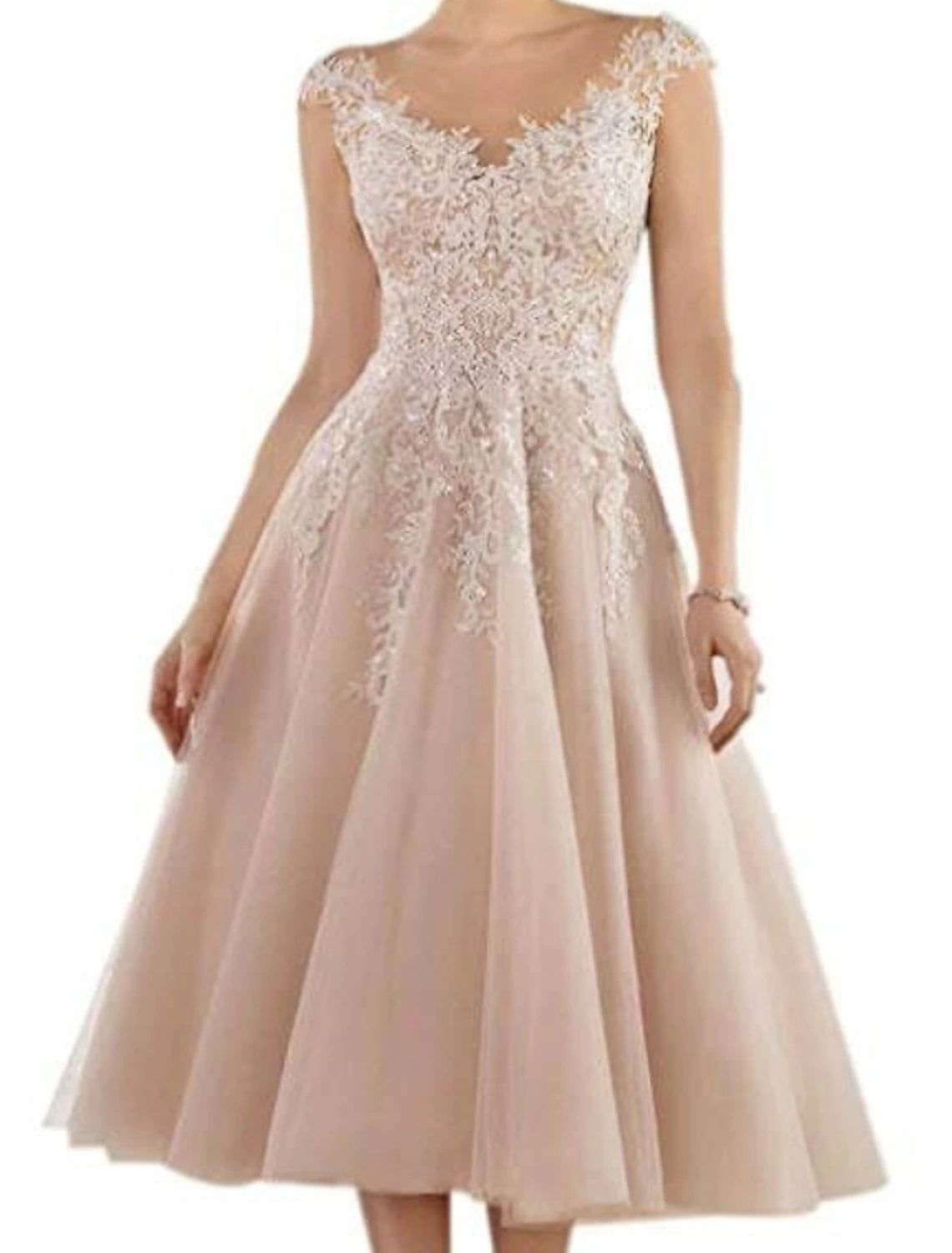 Blushing Pink Lace V-Neck A-Line Tea-Length Bridesmaid & Wedding Guest Dress