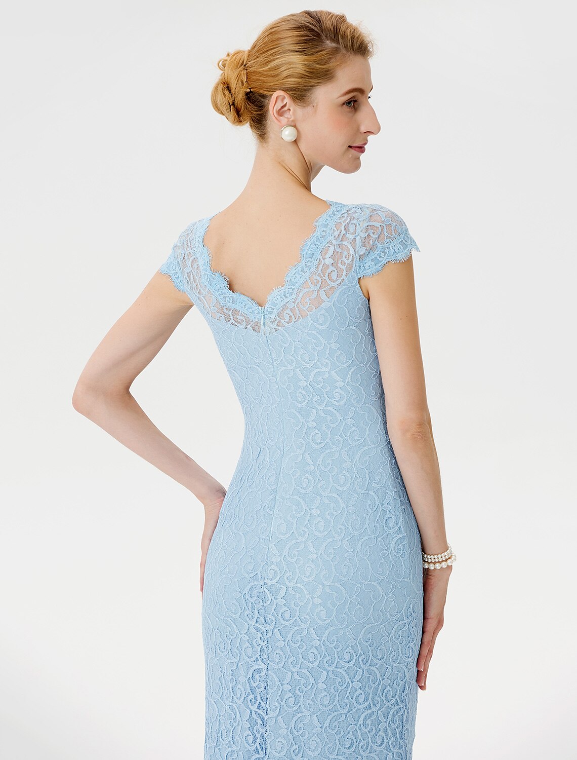 Abito da madre della sposa a tubino/colonna, elegante, con scollo a V, lunghezza al pavimento, in pizzo, maniche corte, senza pizzo