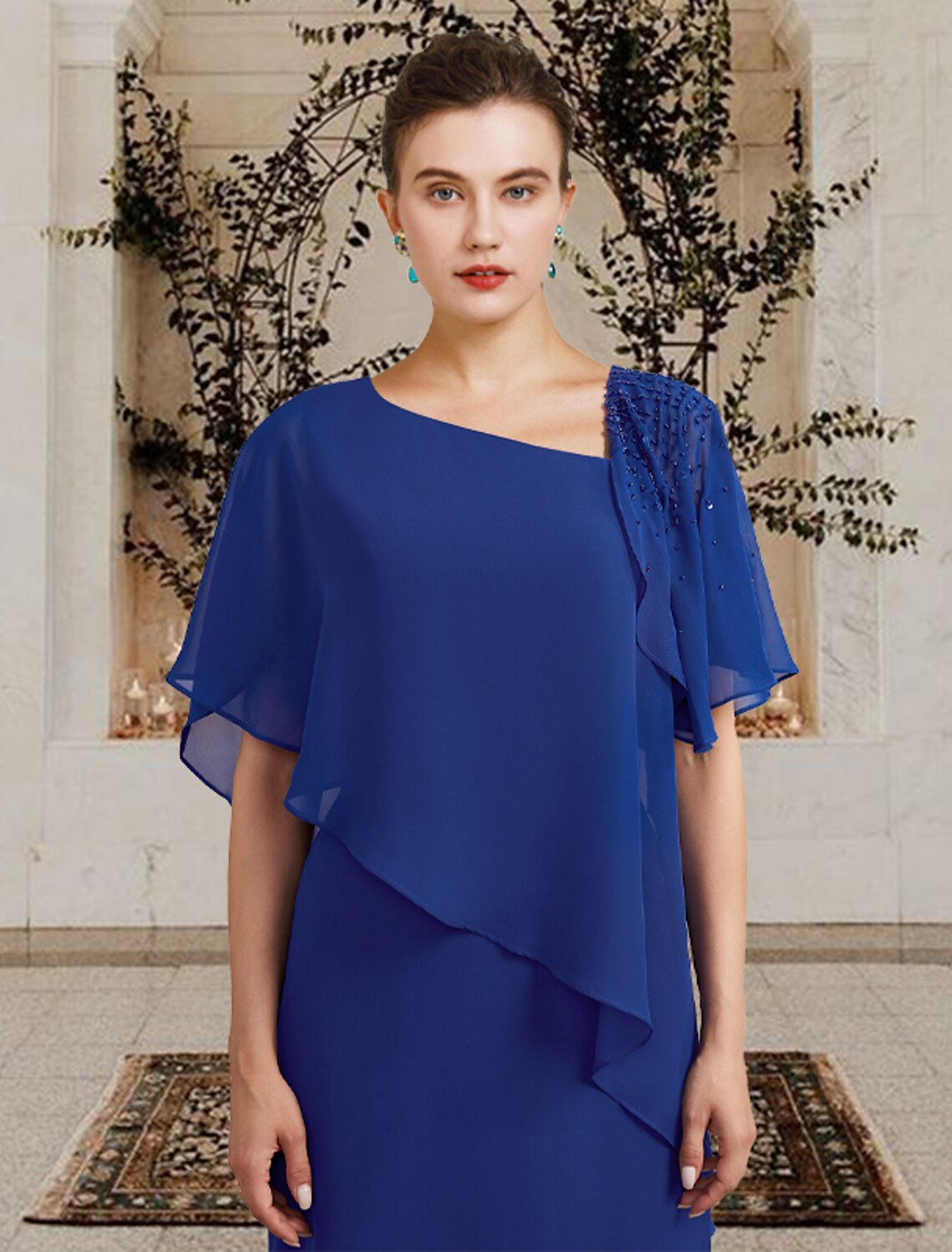 Vestido de Madre de la Novia con Corte Vaina/Columna, Talla Grande, Elegante, Escote Barco, Largo hasta el Suelo, Gasa, Manga Corta, con Volantes y Cuentas