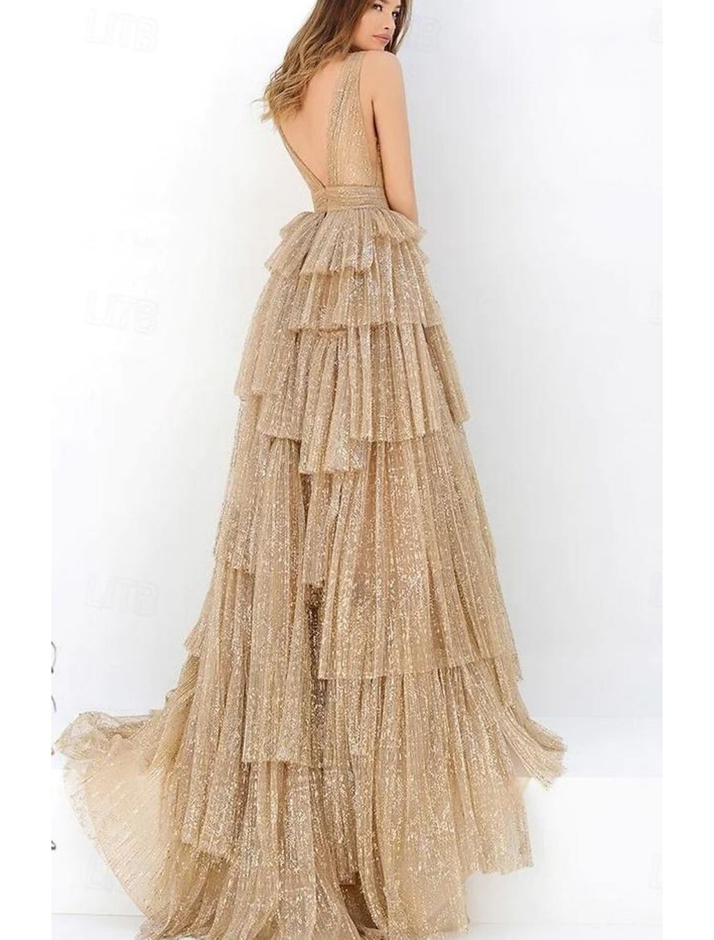 Gold Glitter A-Line V-Neck Floor-Length Evening Dress