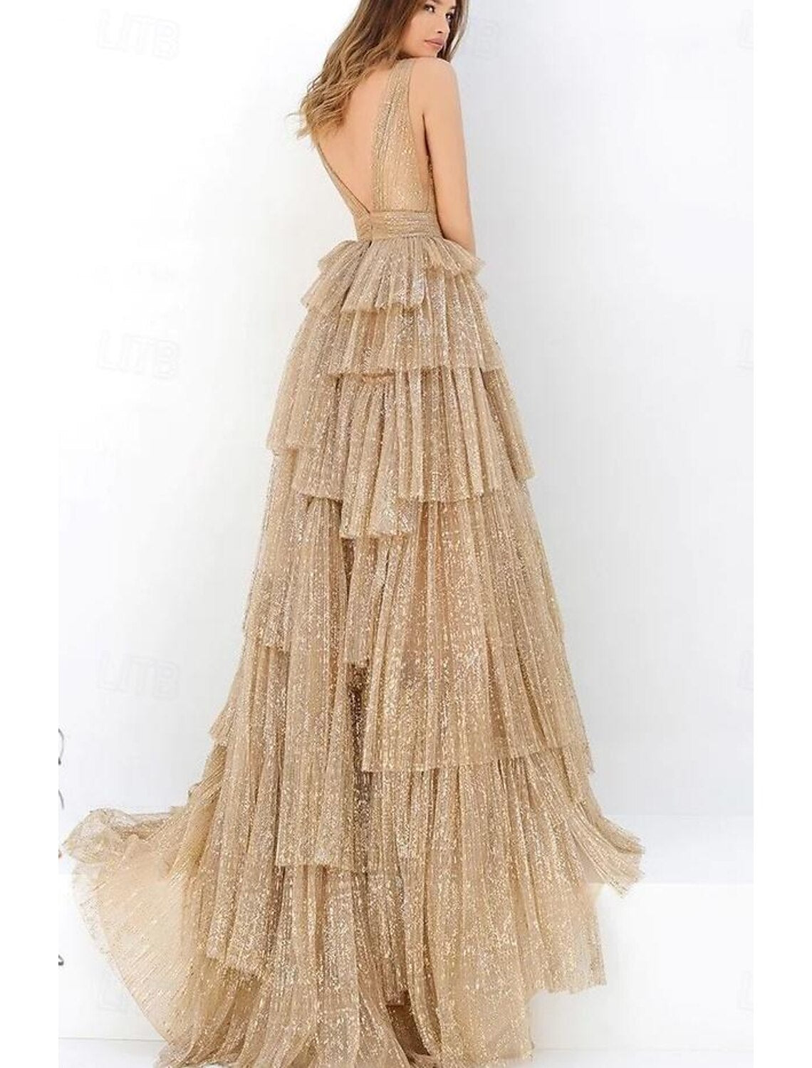 Gold Glitter A-Line V-Neck Floor-Length Evening Dress