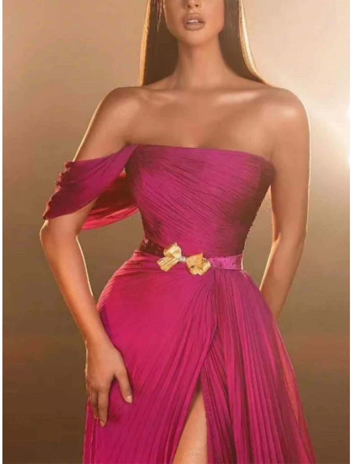 Burgundy Chiffon Off-the-Shoulder A-Line Floor-Length Dress with High Slit